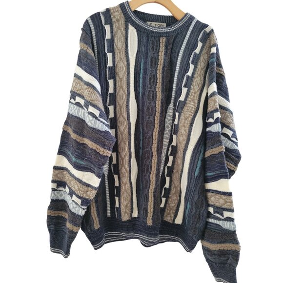 Vintage Le Tigre Mens Blue Sweater 3D size Large 80s Cosby Grandpa Textured - Picture 1 of 6